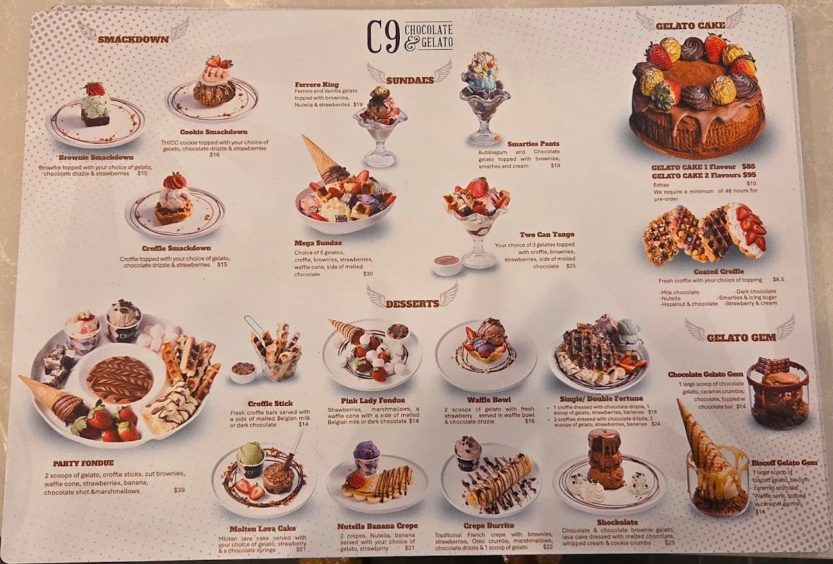 Menu, C9 Chocolate & Gelato Surfers Paradise