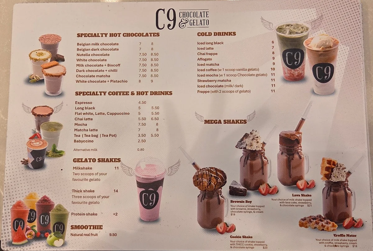 Menu, C9 Chocolate & Gelato Surfers Paradise