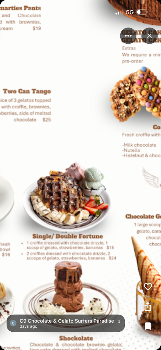 Menu, C9 Chocolate & Gelato Surfers Paradise