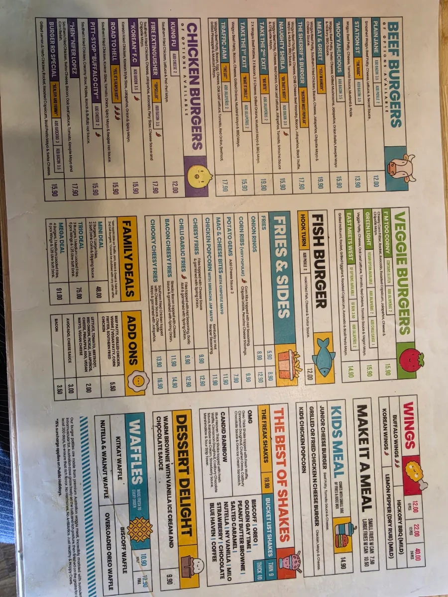 Menu, Burger Road Pakenham
