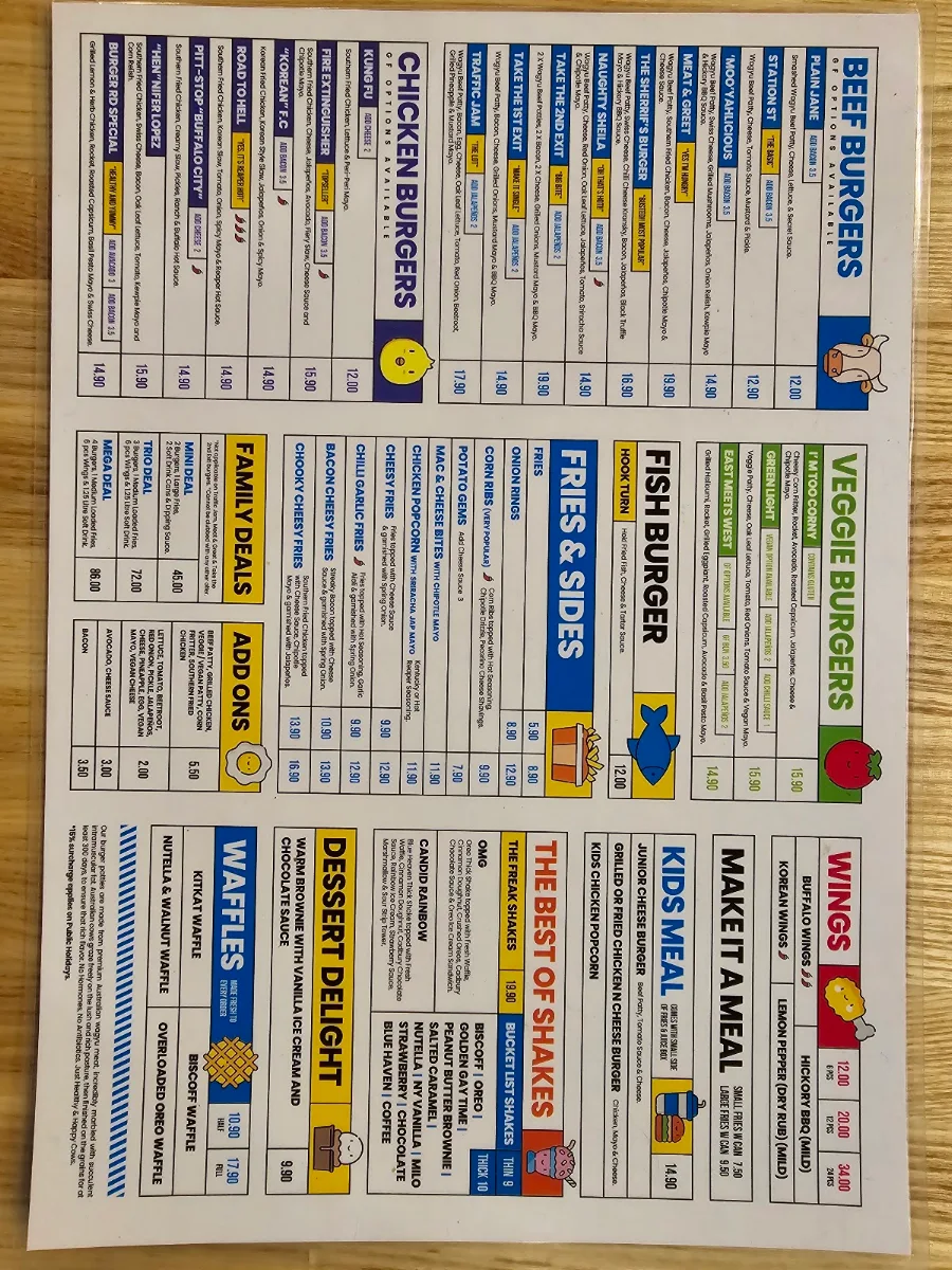 Menu, Burger Road Pakenham