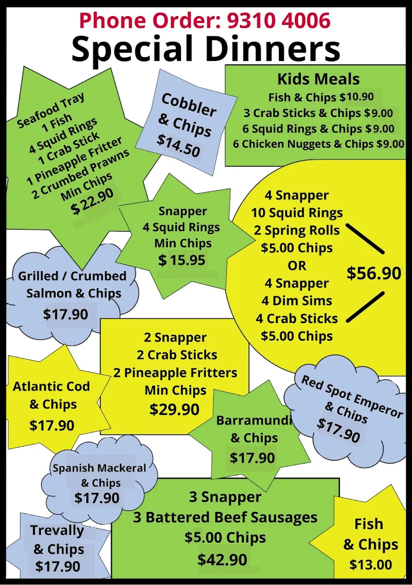 Menu, Southlands Fish & Chips