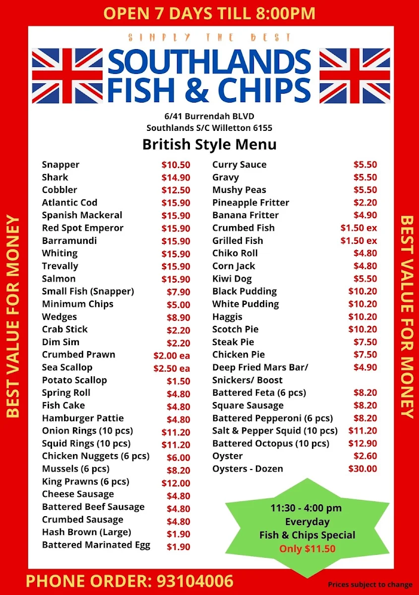 Menu, Southlands Fish & Chips