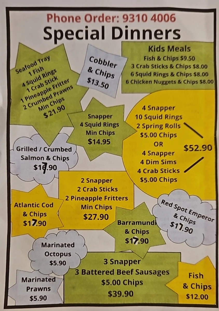Menu, Southlands Fish & Chips