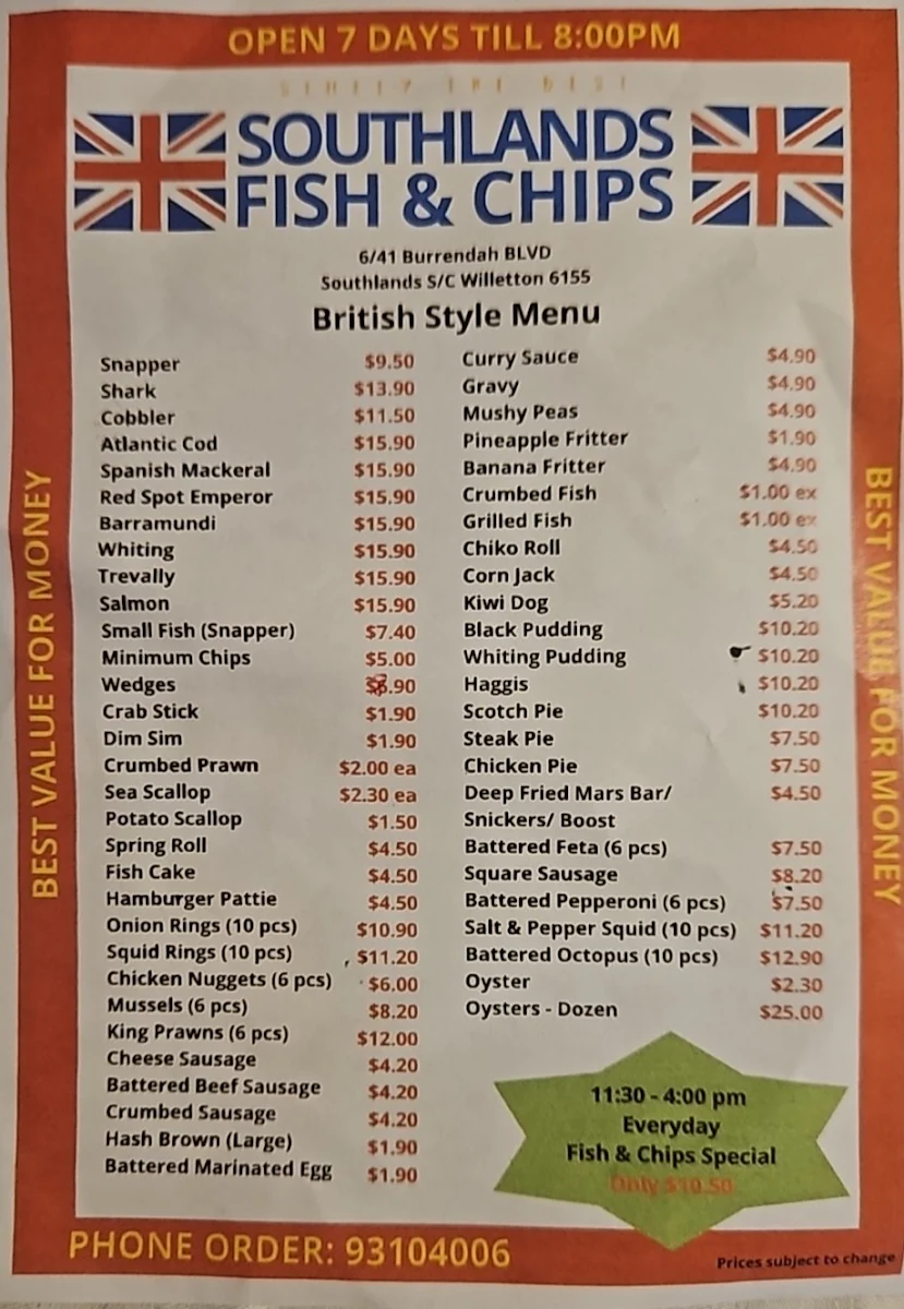 Menu, Southlands Fish & Chips