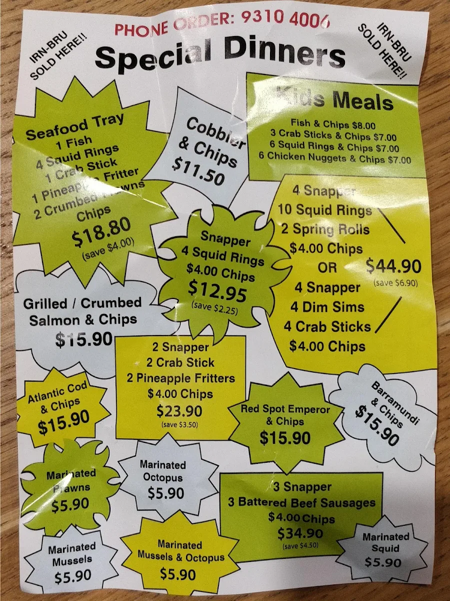 Menu, Southlands Fish & Chips