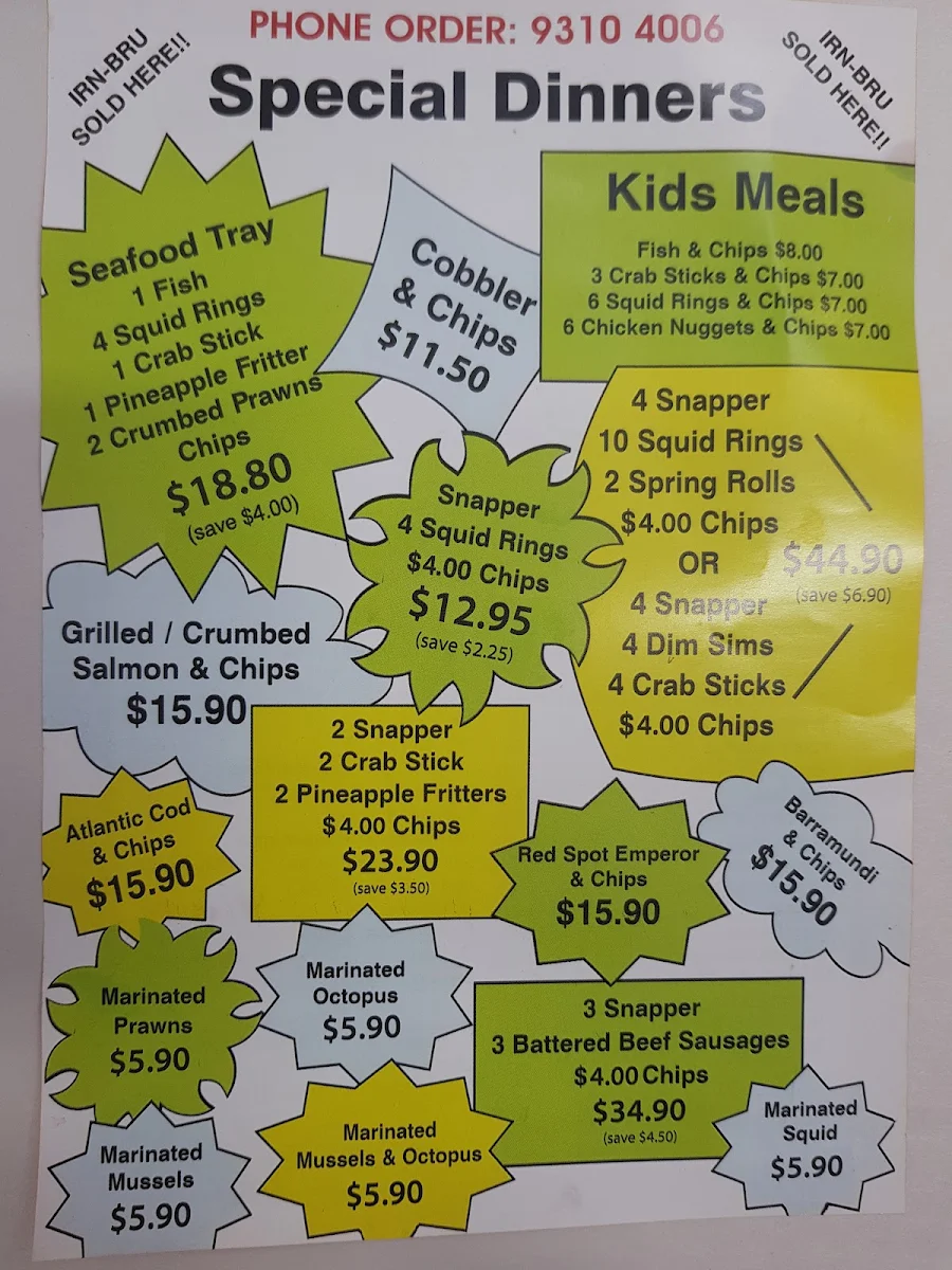 Menu, Southlands Fish & Chips