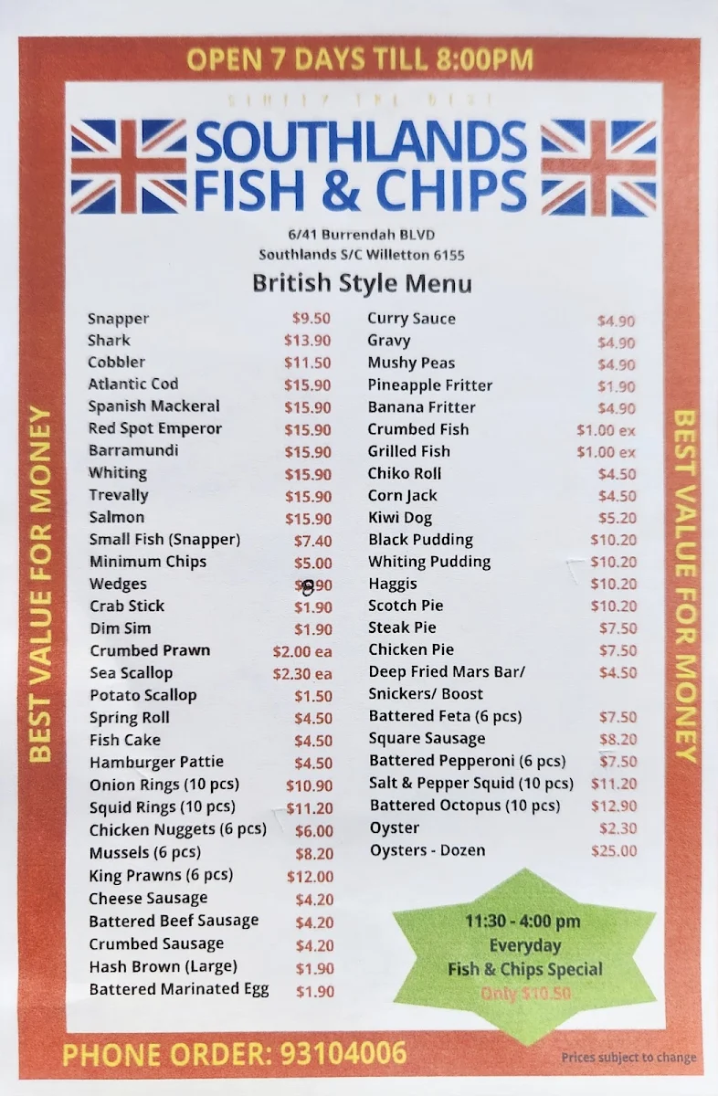 Menu, Southlands Fish & Chips