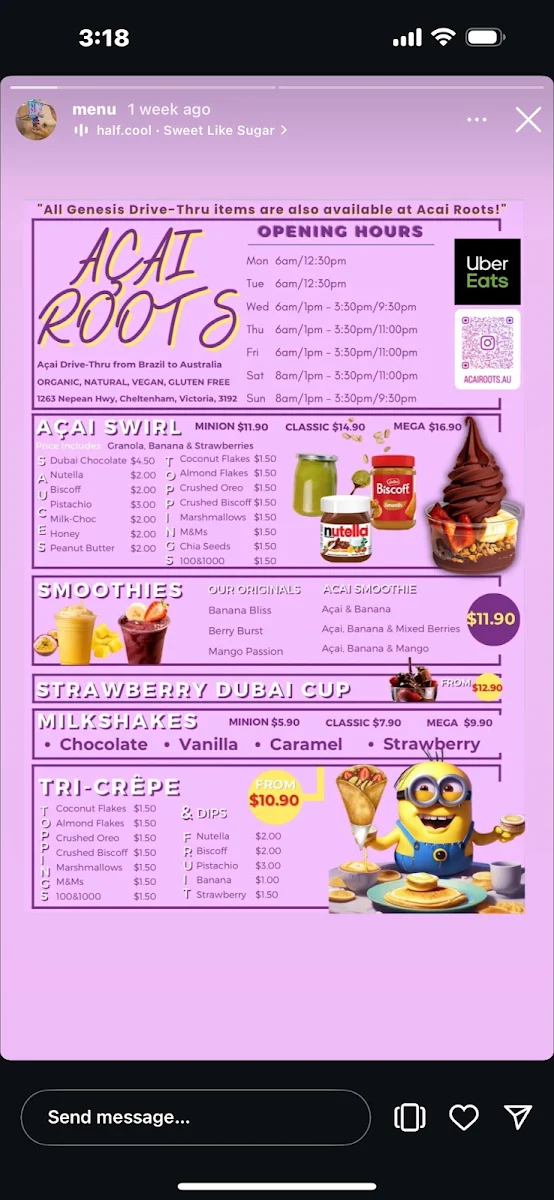 Menu, Acai Roots