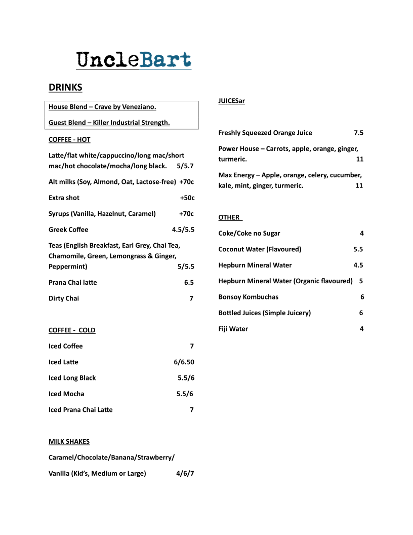 Menu, UncleBart Espresso Bar & Kitchen