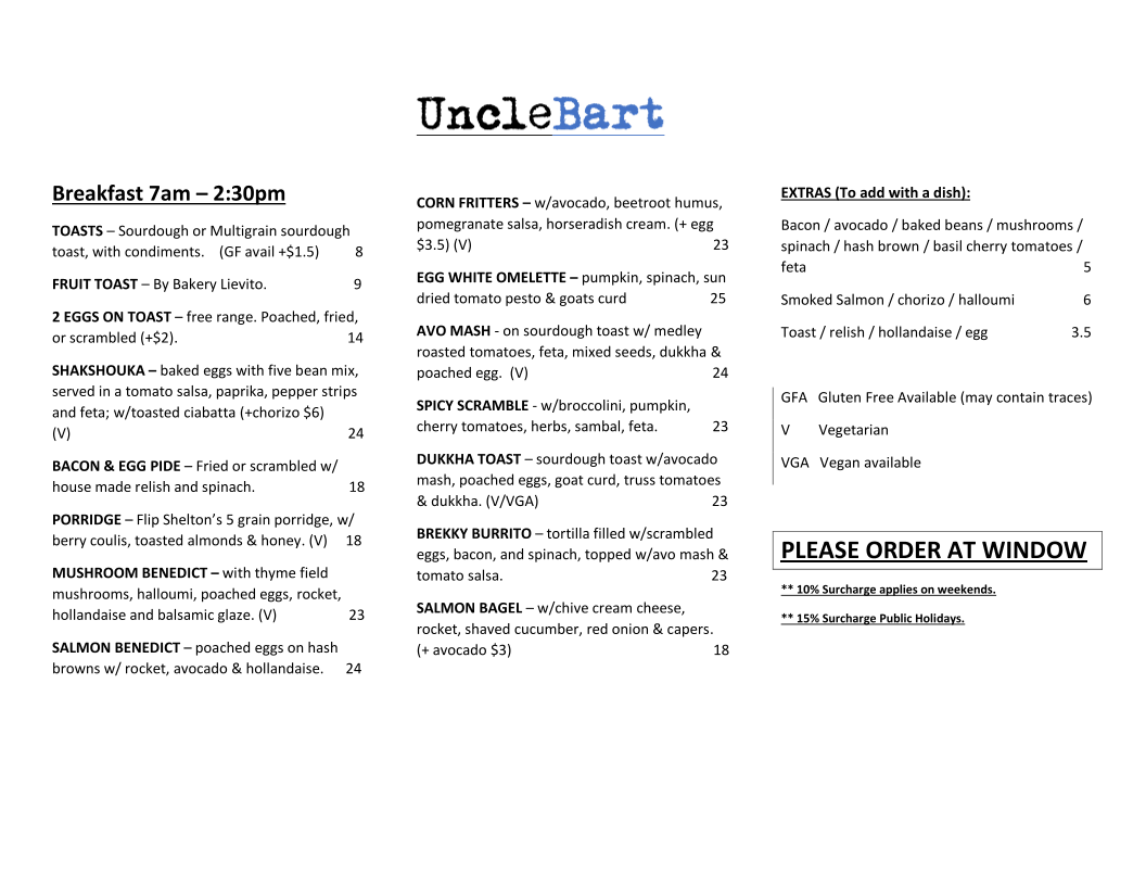 Menu, UncleBart Espresso Bar & Kitchen