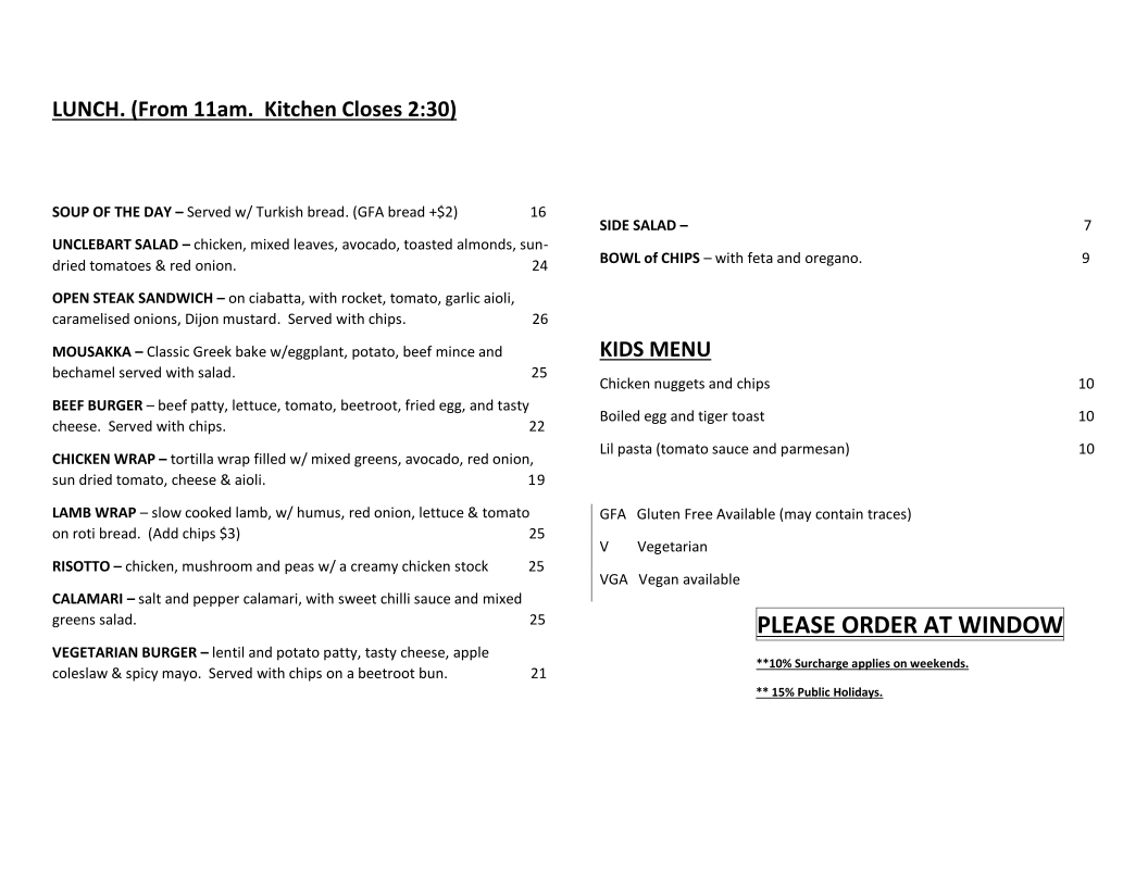 Menu, UncleBart Espresso Bar & Kitchen