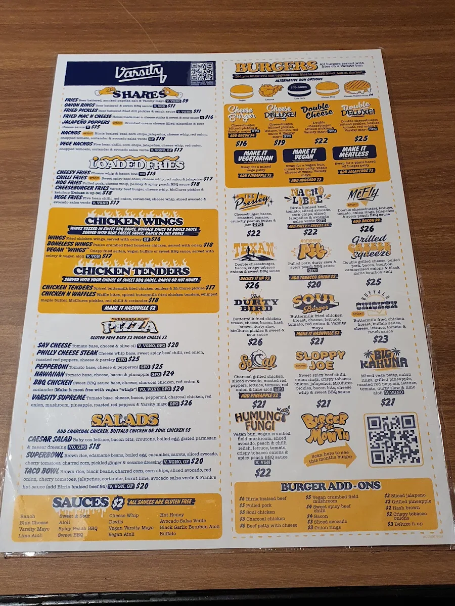 Menu, Varsity Freo