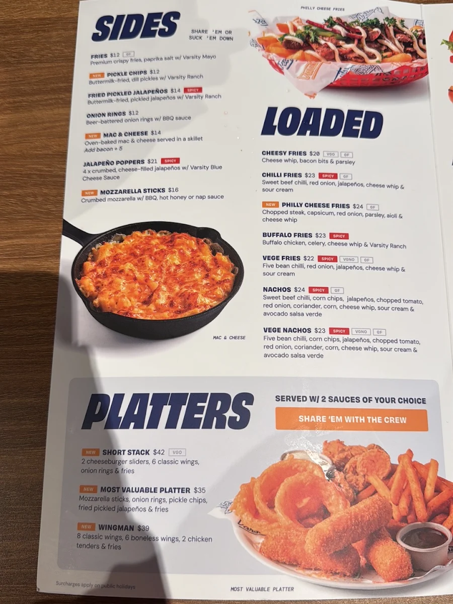 Menu, Varsity Freo