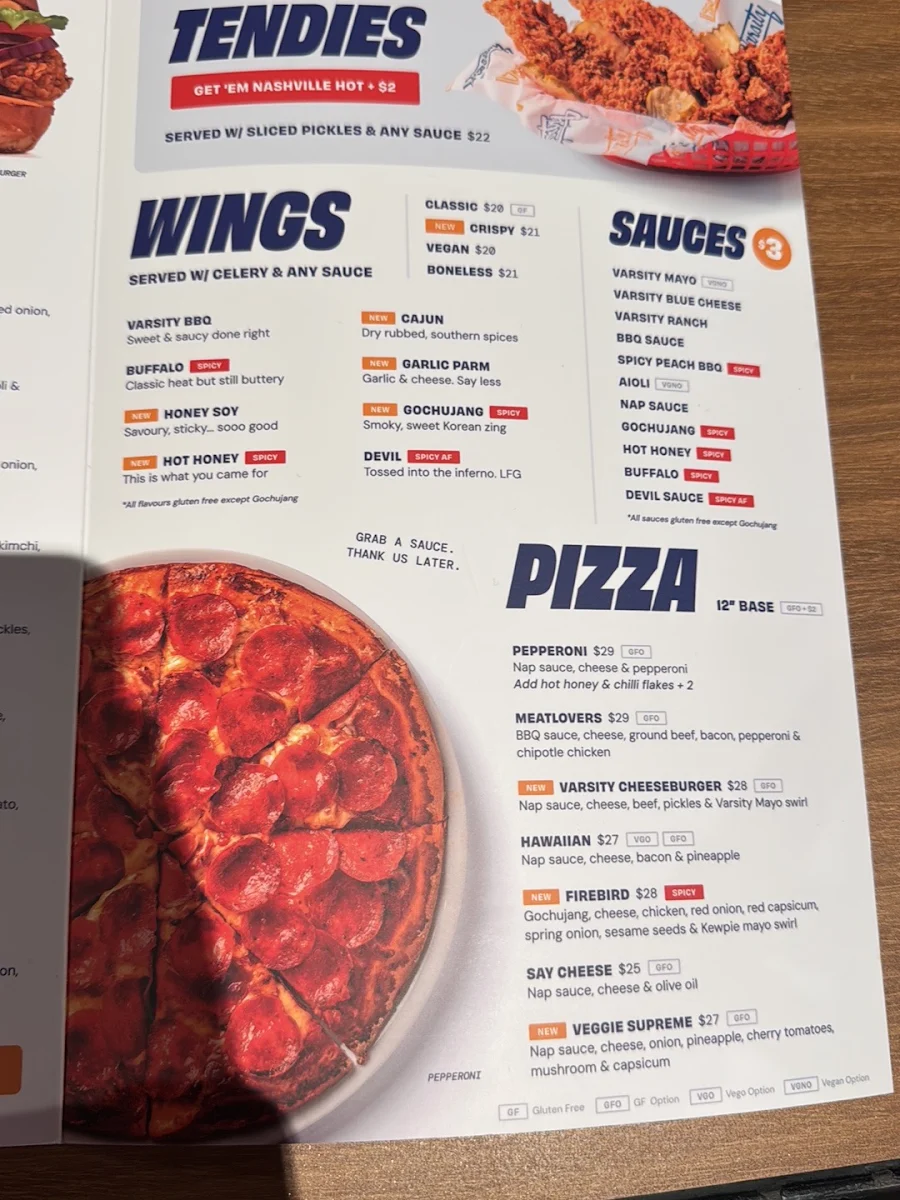 Menu, Varsity Freo