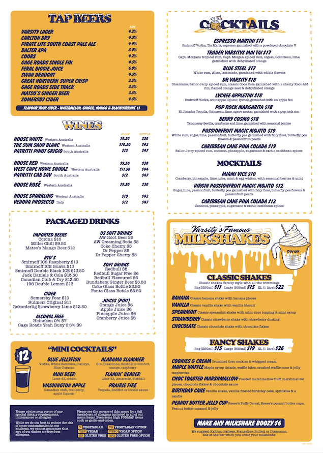 Menu, Varsity Freo