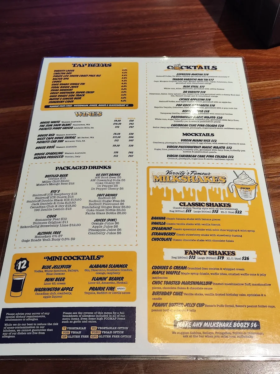 Menu, Varsity Freo