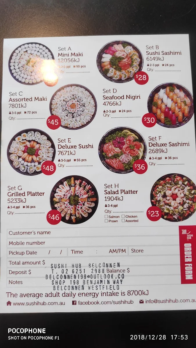 Menu, Sushi Hub Belconnen