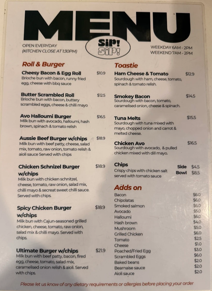 Menu, Sip! Sip! Coffee.co