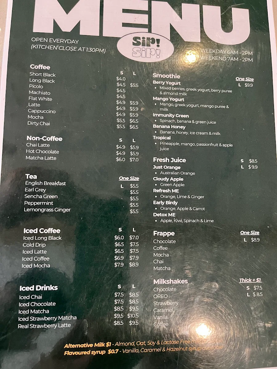 Menu, Sip! Sip! Coffee.co