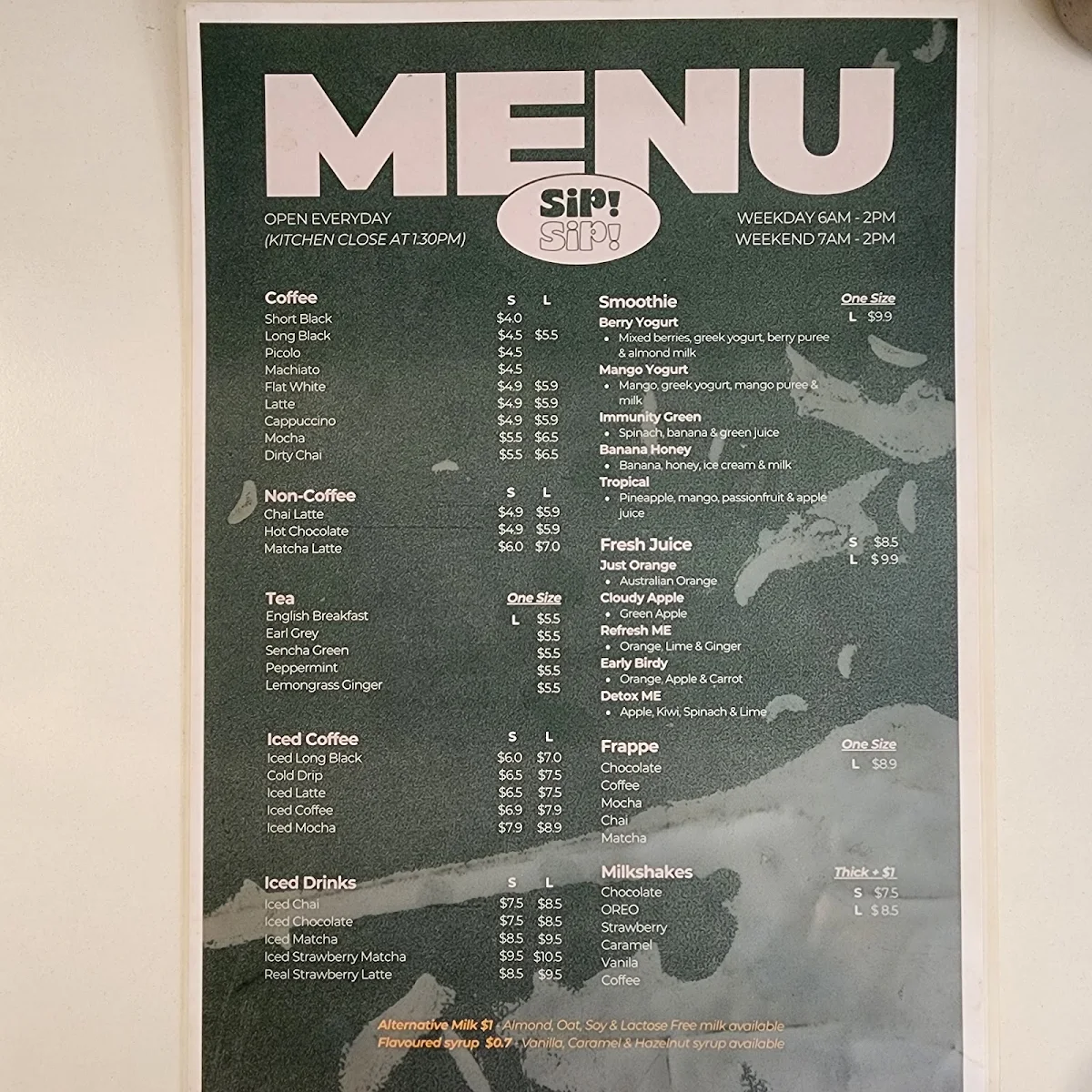 Menu, Sip! Sip! Coffee.co