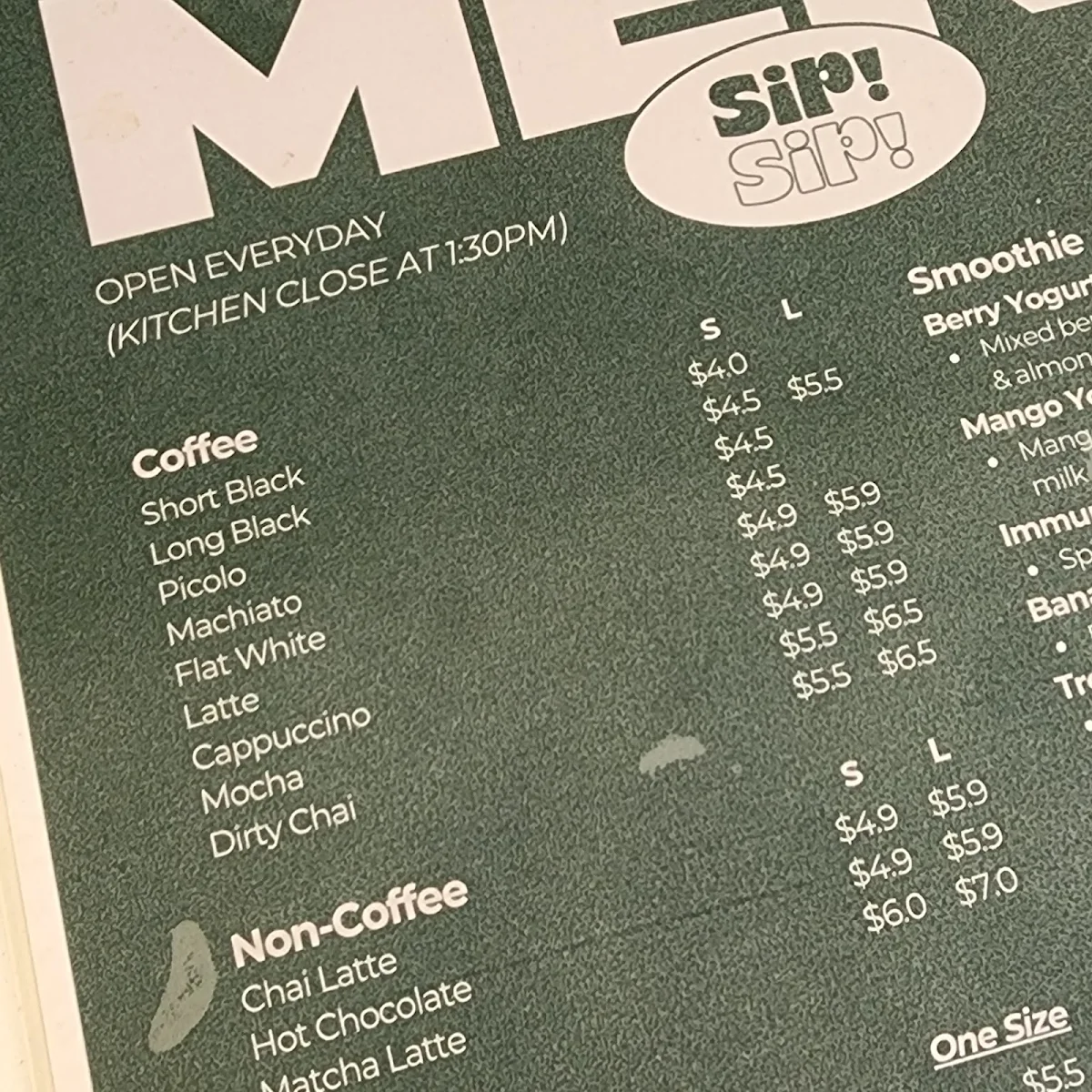 Menu, Sip! Sip! Coffee.co