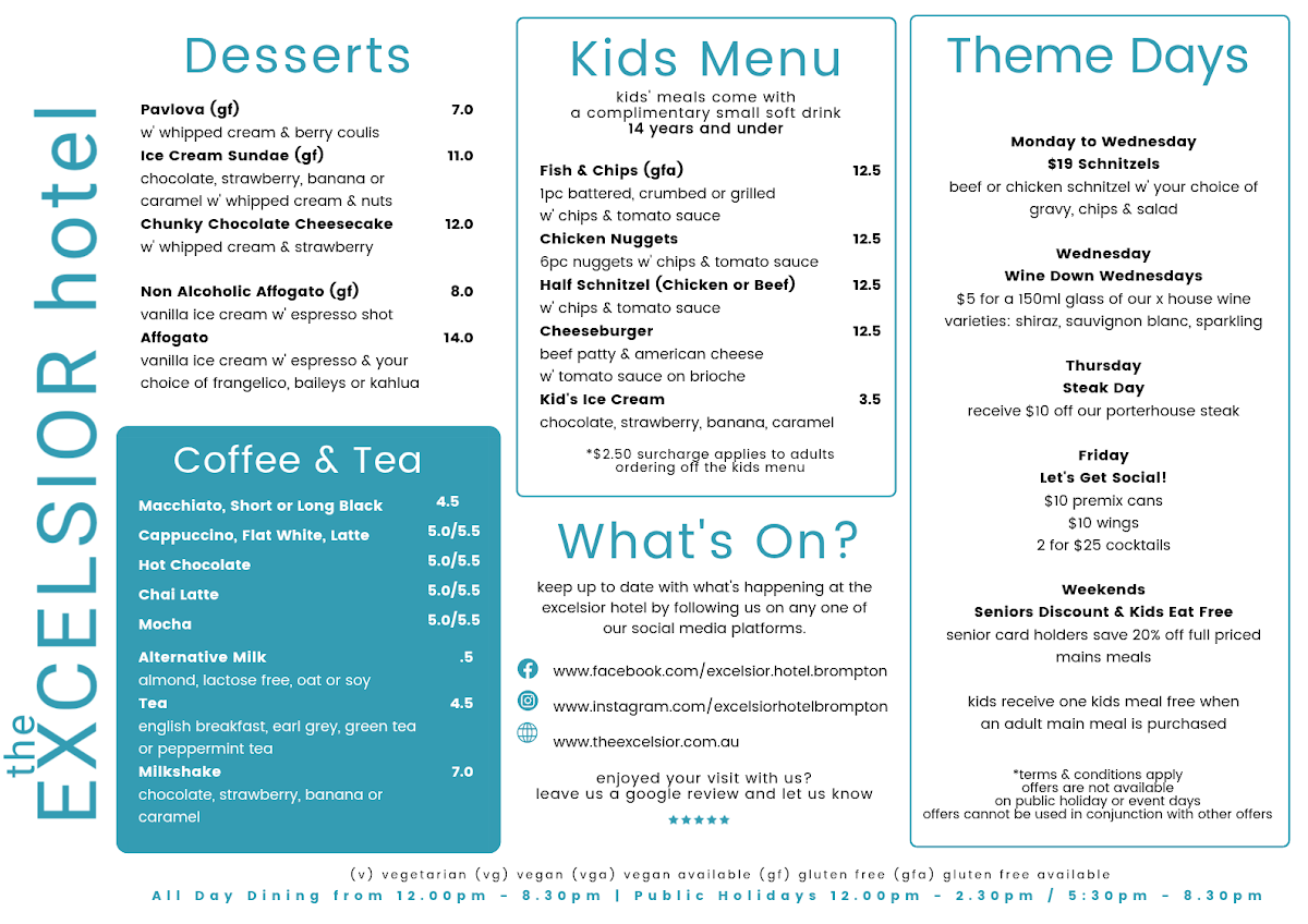 Menu, The Excelsior Hotel