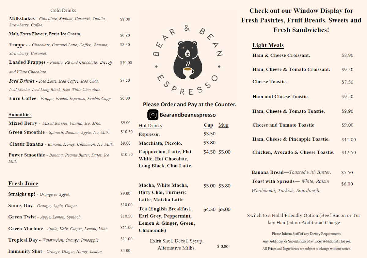 Menu, Bear and Bean Espresso