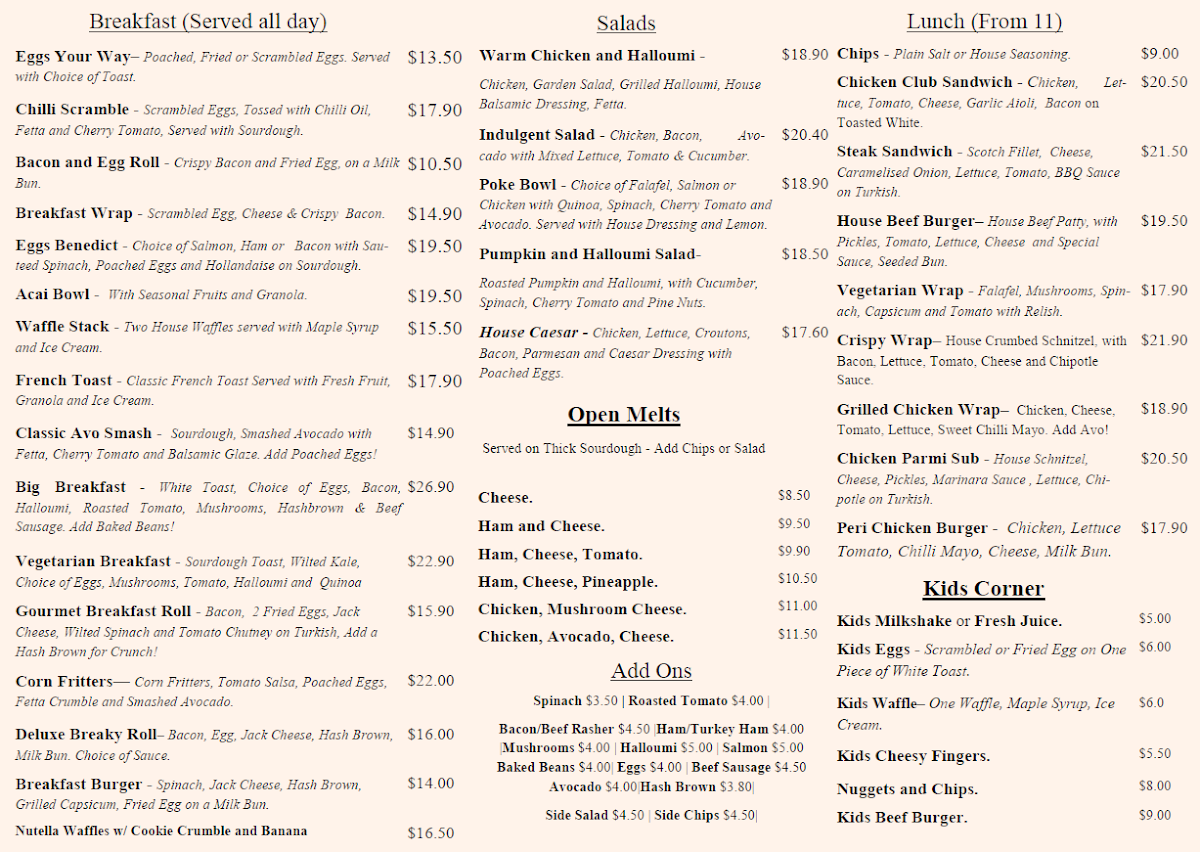 Menu, Bear and Bean Espresso