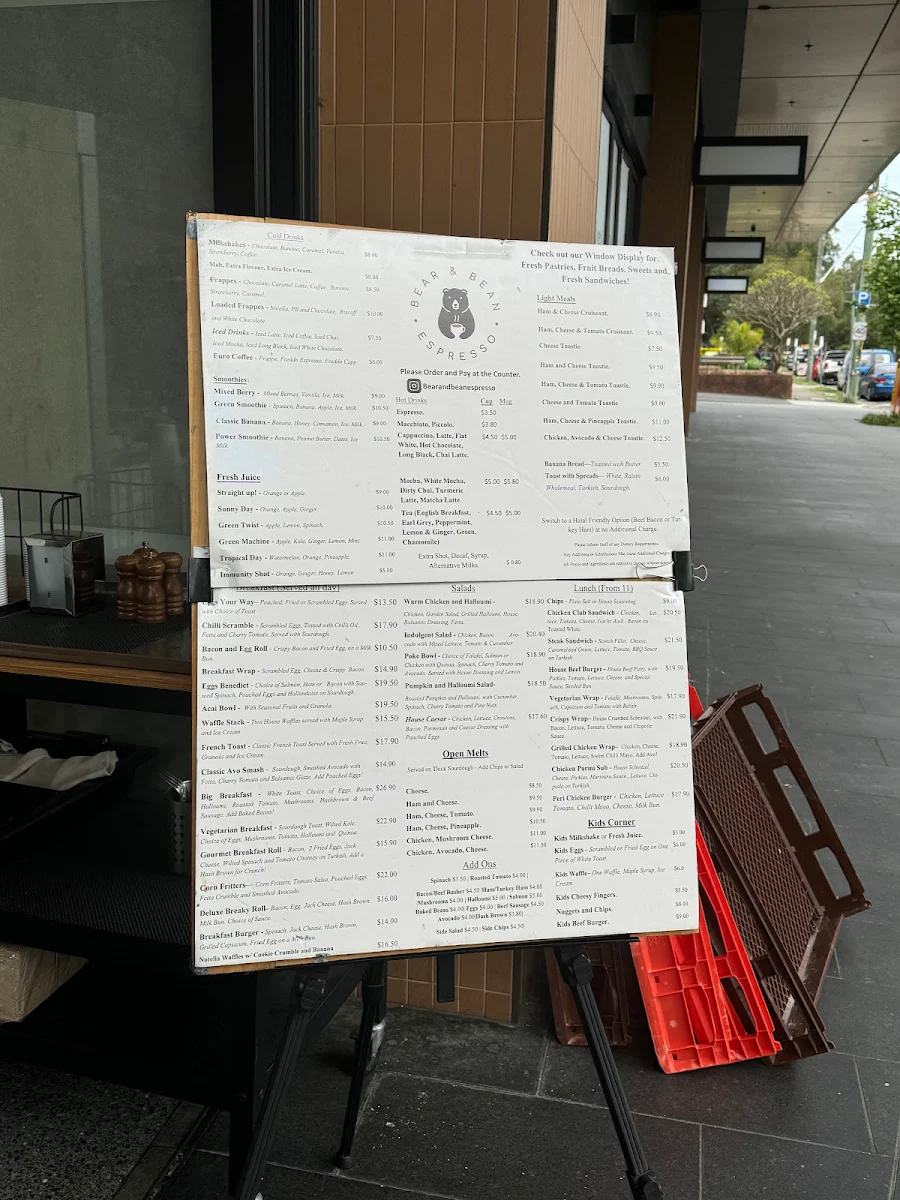 Menu, Bear and Bean Espresso