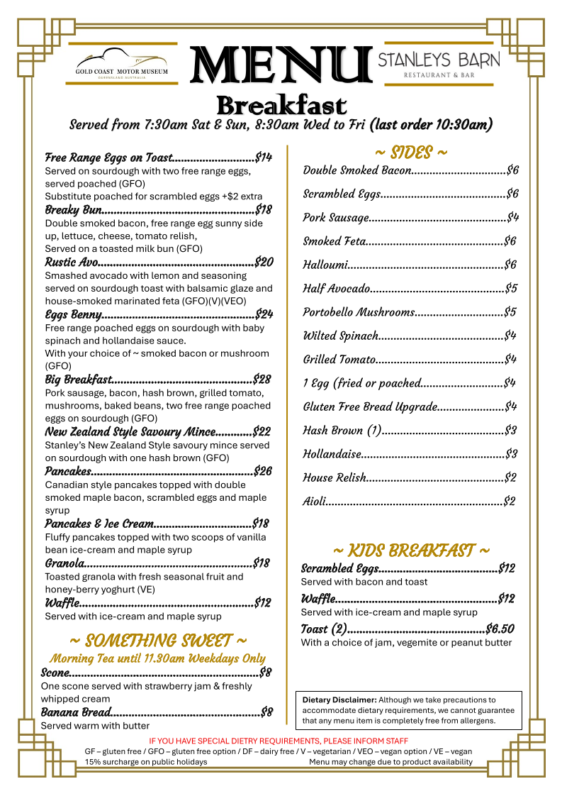 Menu, Stanley's Barn Restaurant & Bar