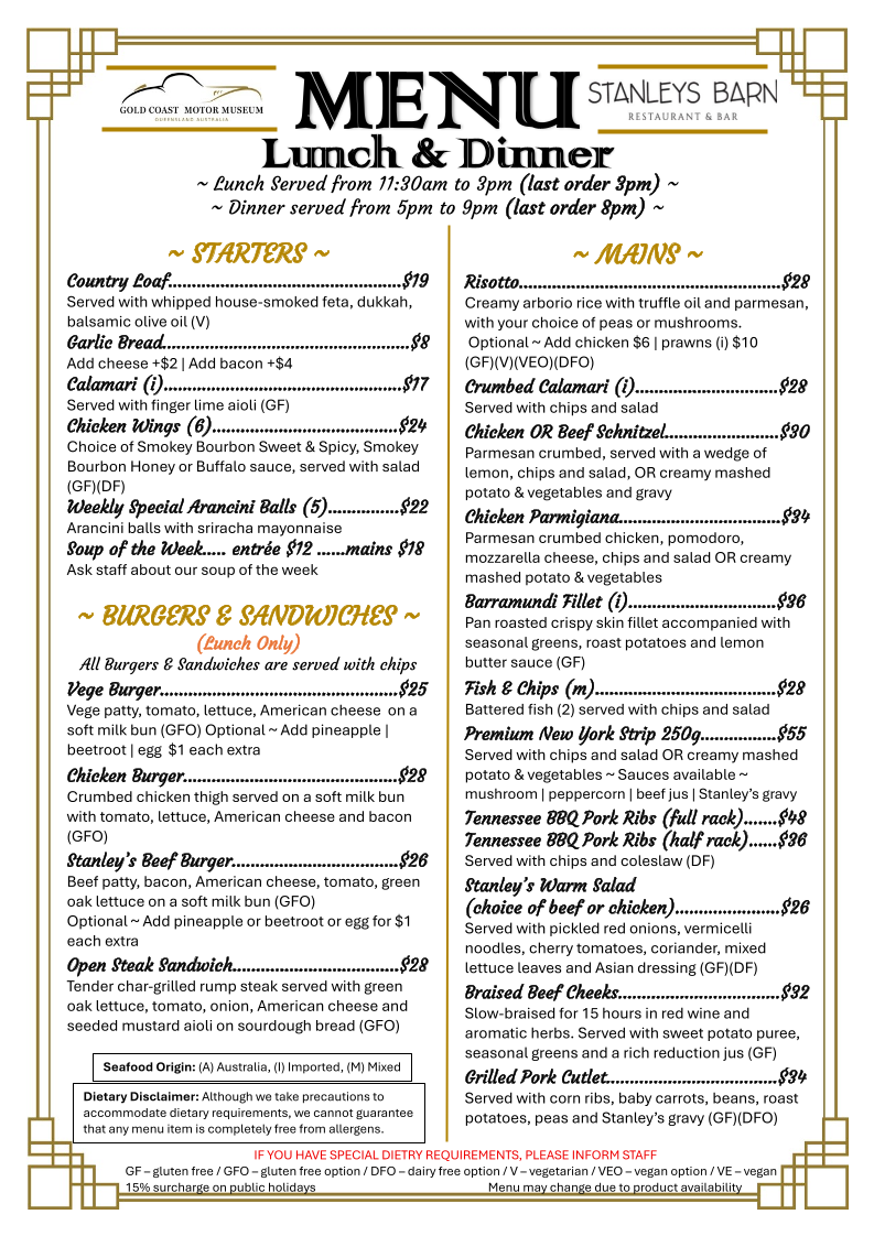 Menu, Stanley's Barn Restaurant & Bar