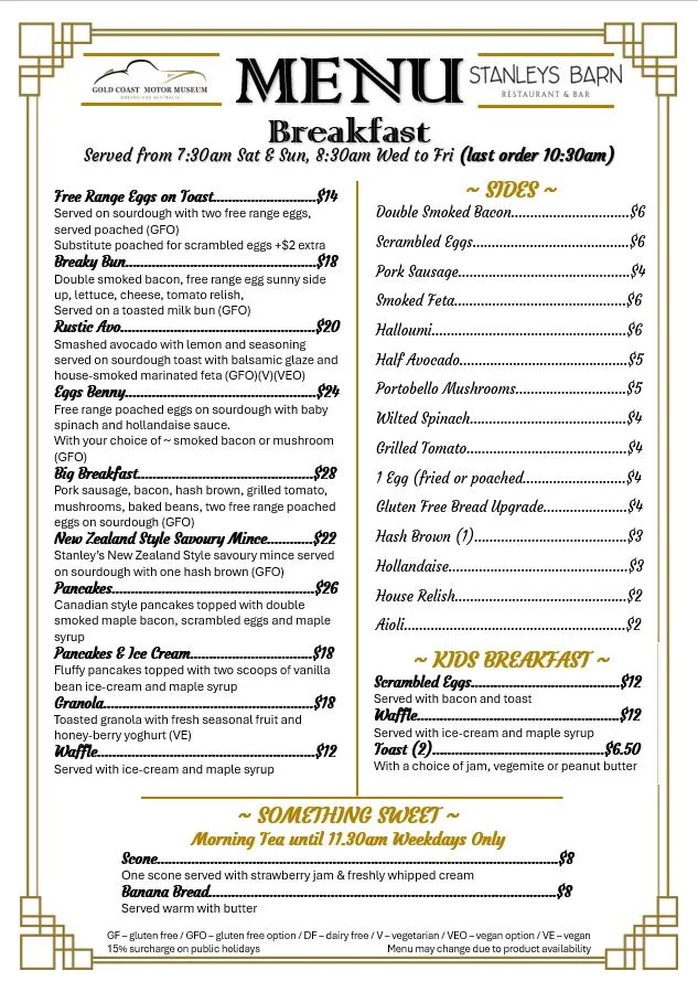 Menu, Stanley's Barn Restaurant & Bar