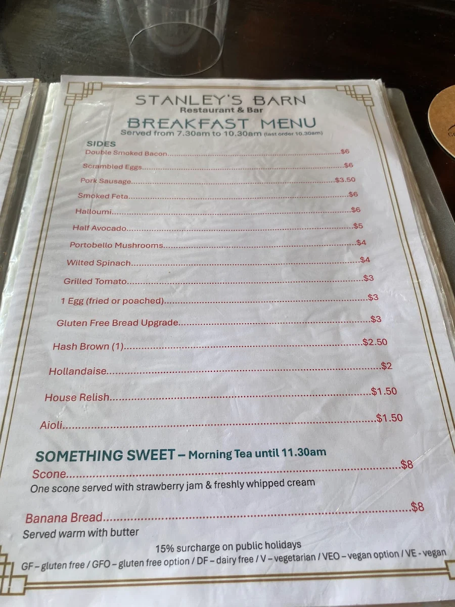 Menu, Stanley's Barn Restaurant & Bar