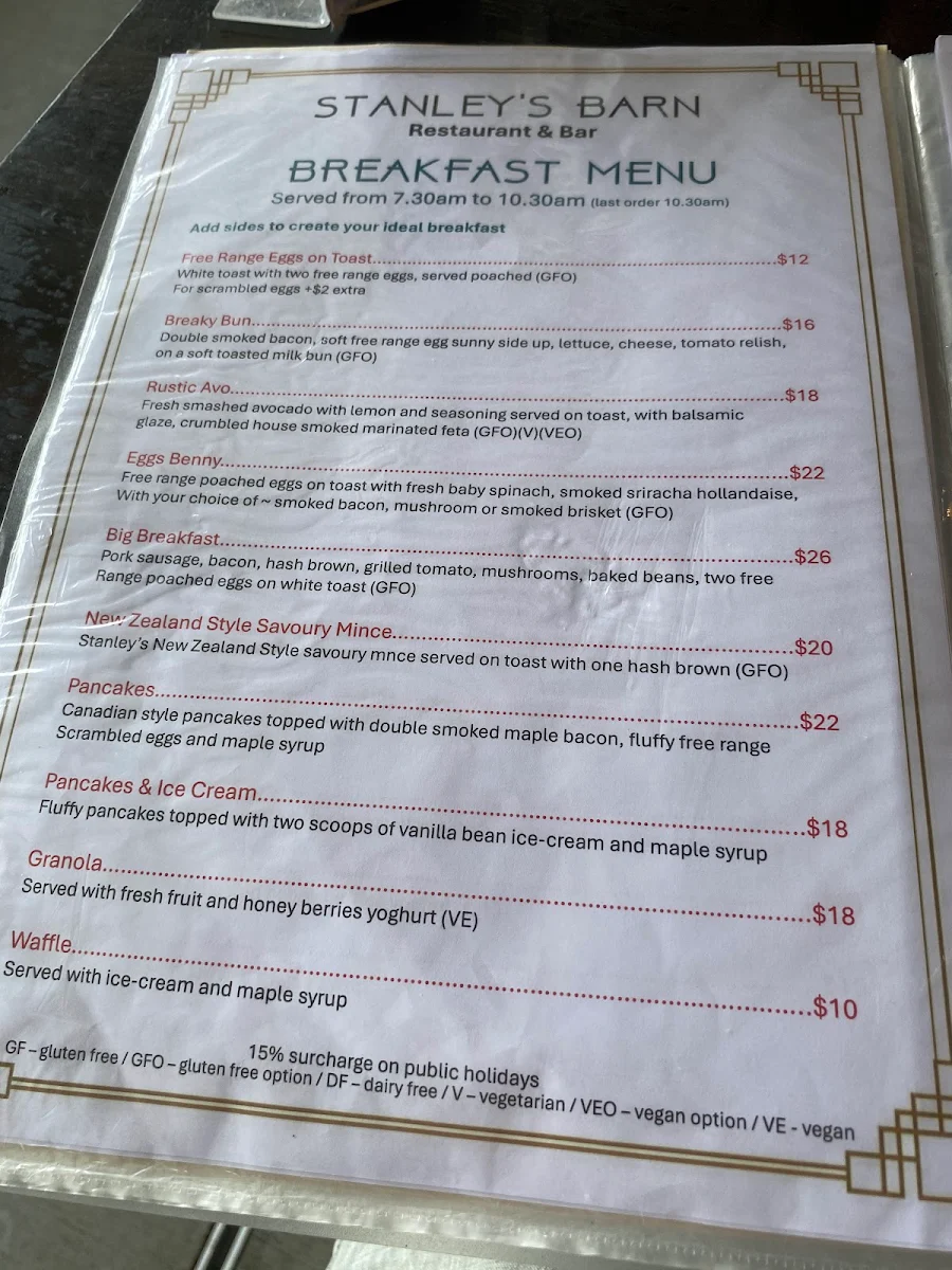 Menu, Stanley's Barn Restaurant & Bar