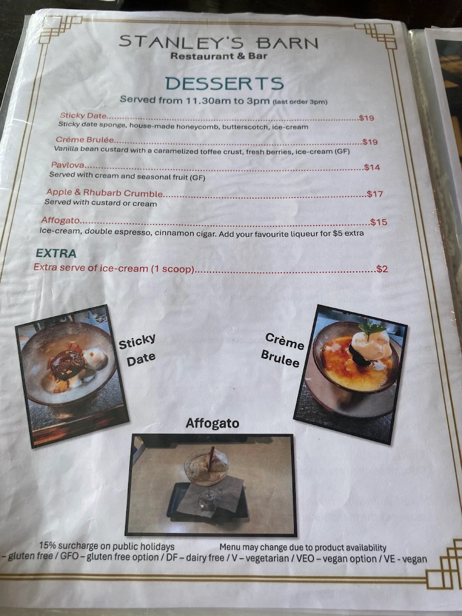 Menu, Stanley's Barn Restaurant & Bar