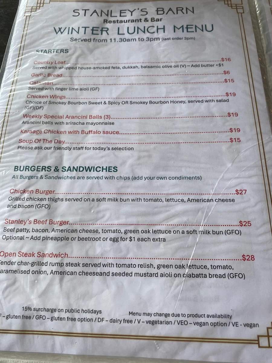 Menu, Stanley's Barn Restaurant & Bar