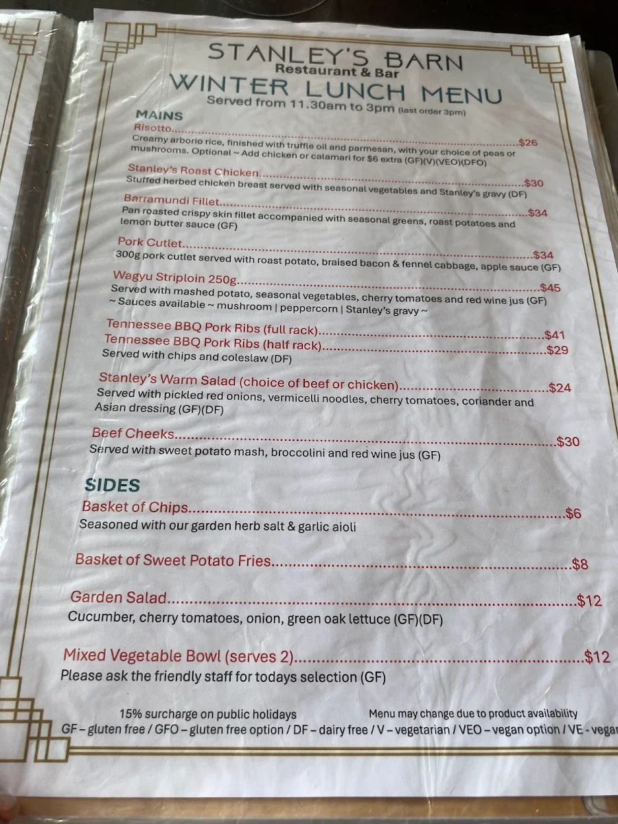 Menu, Stanley's Barn Restaurant & Bar