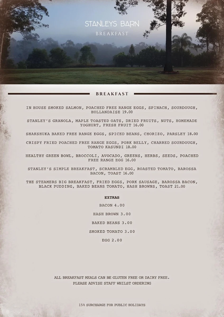 Menu, Stanley's Barn Restaurant & Bar