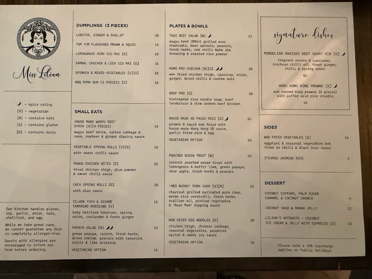 Menu, Miss Lilian