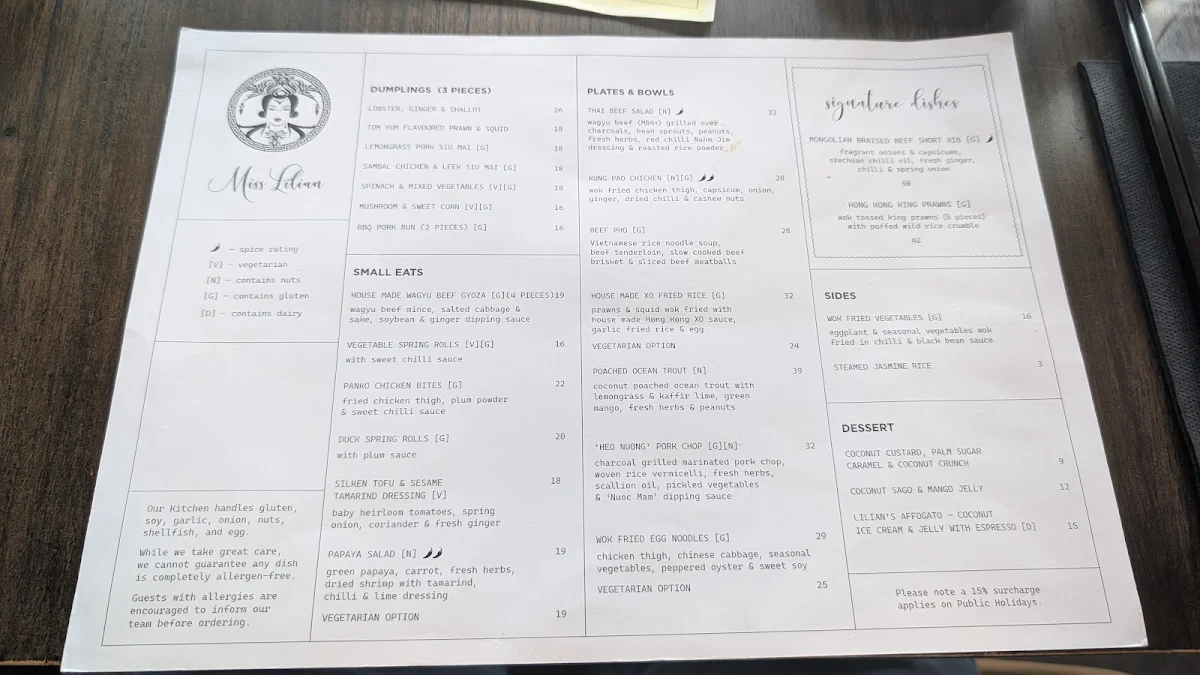Menu, Miss Lilian