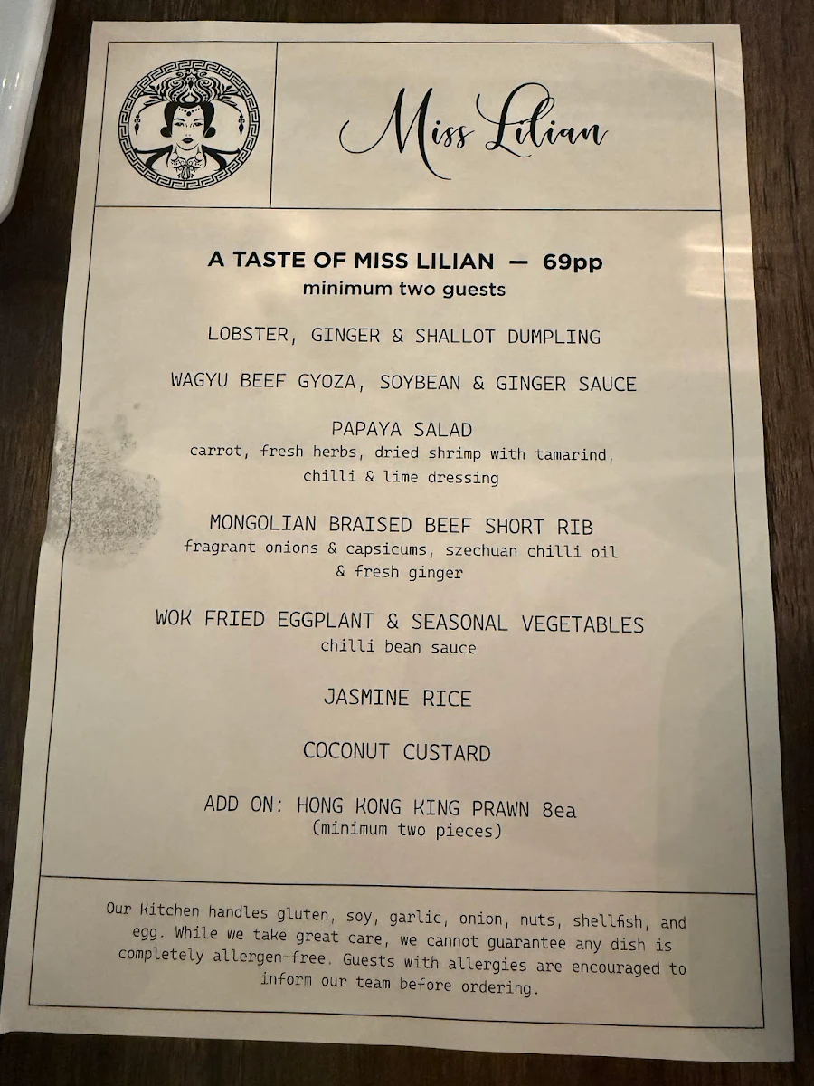 Menu, Miss Lilian