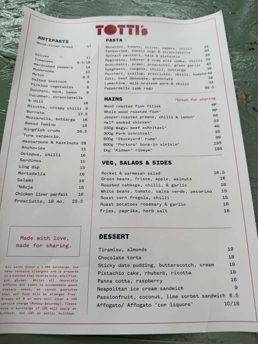 Menu, Totti’s