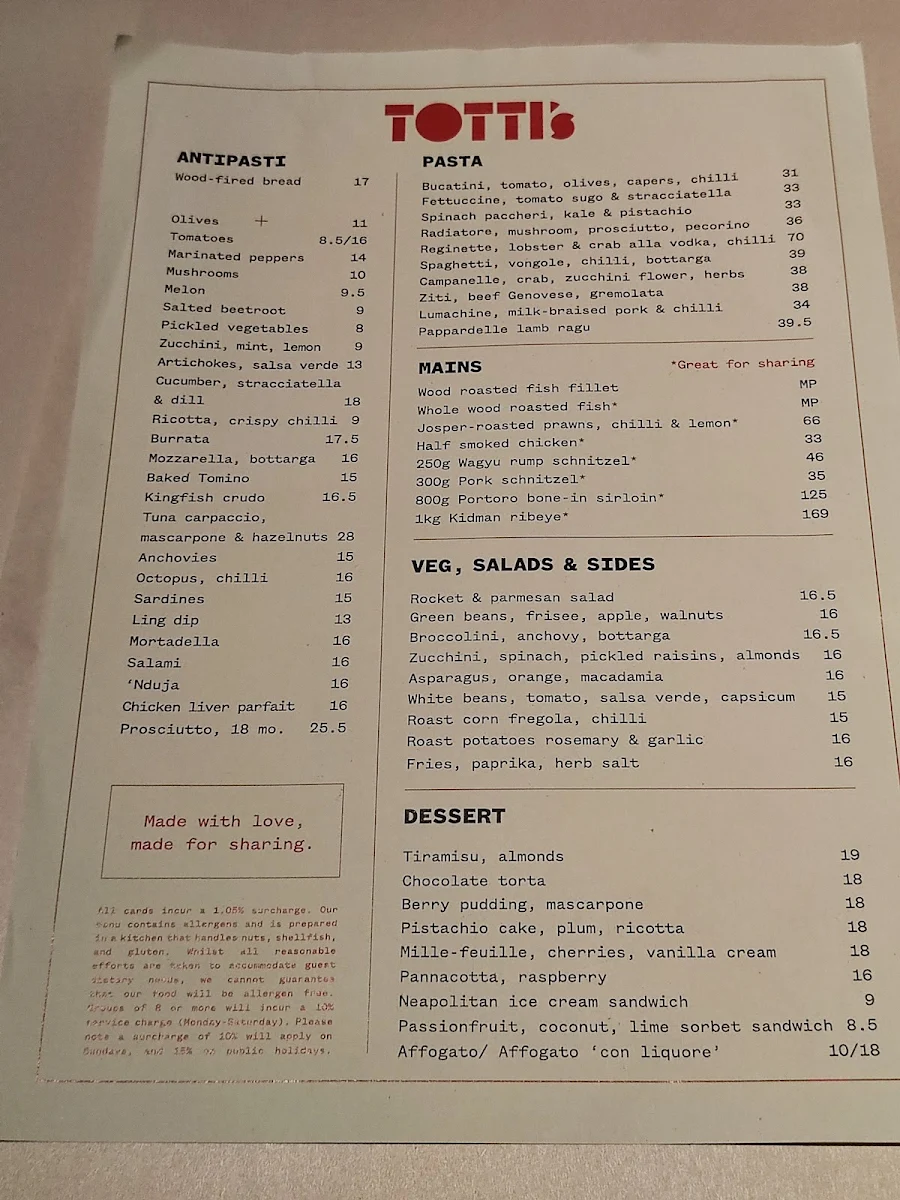 Menu, Totti’s