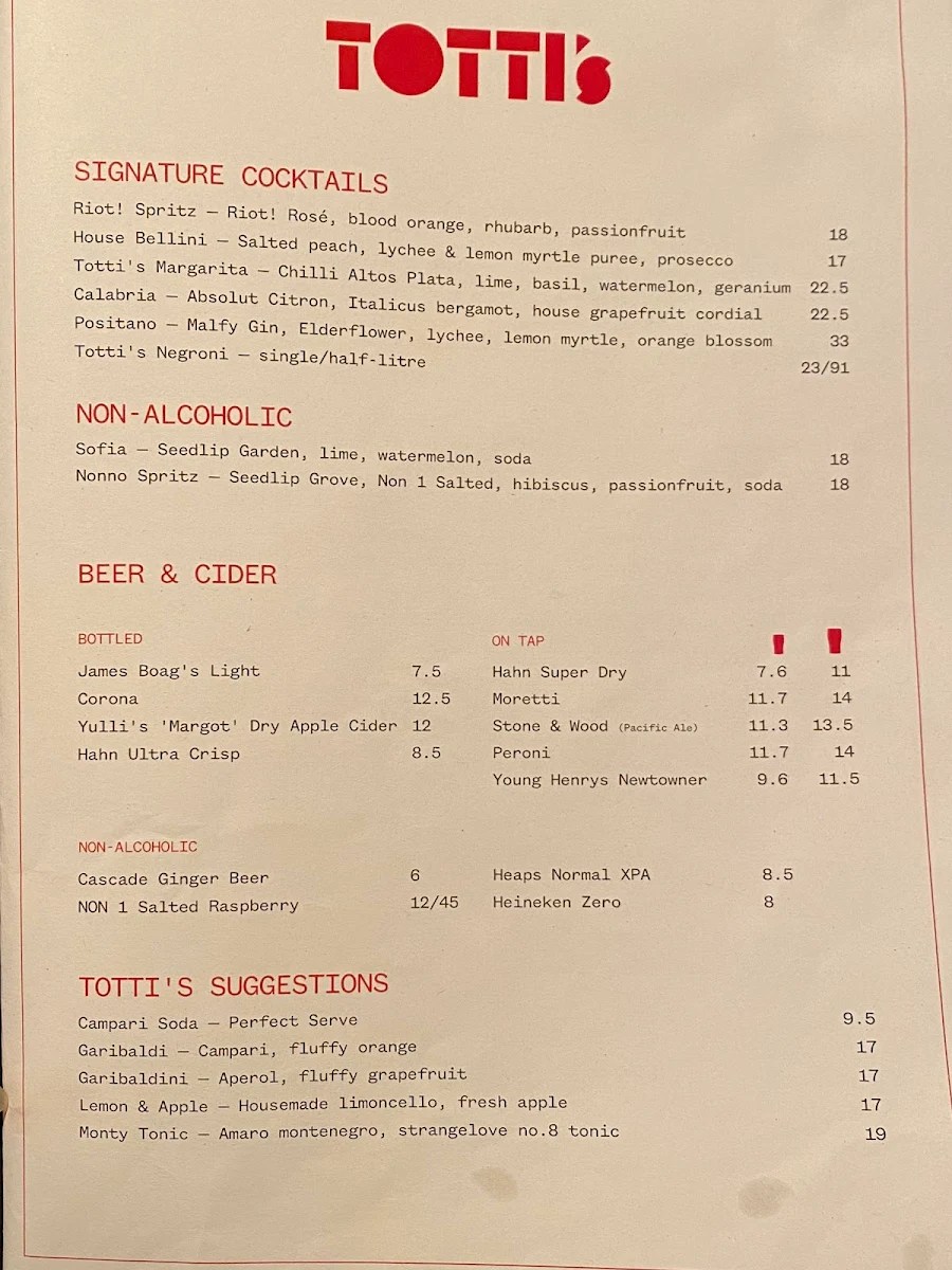 Menu, Totti’s