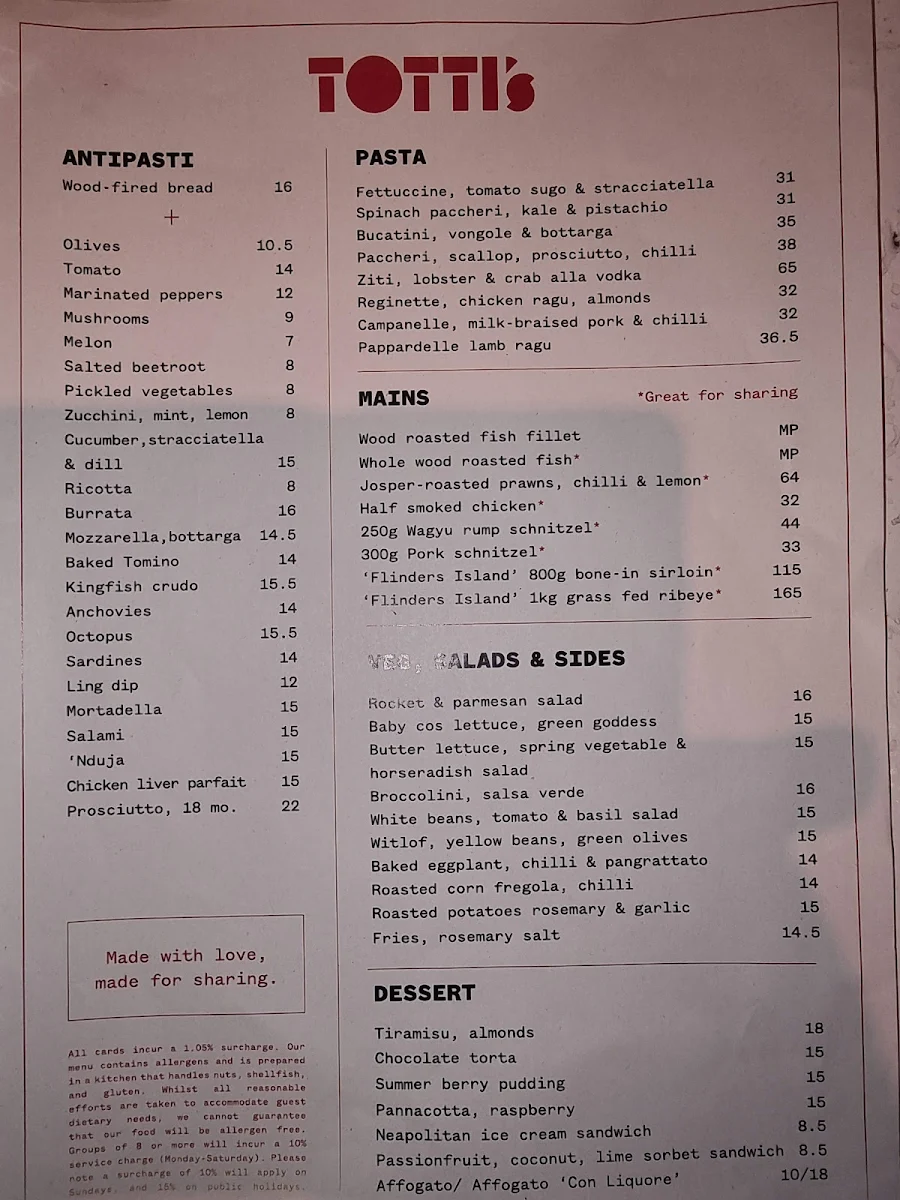 Menu, Totti’s