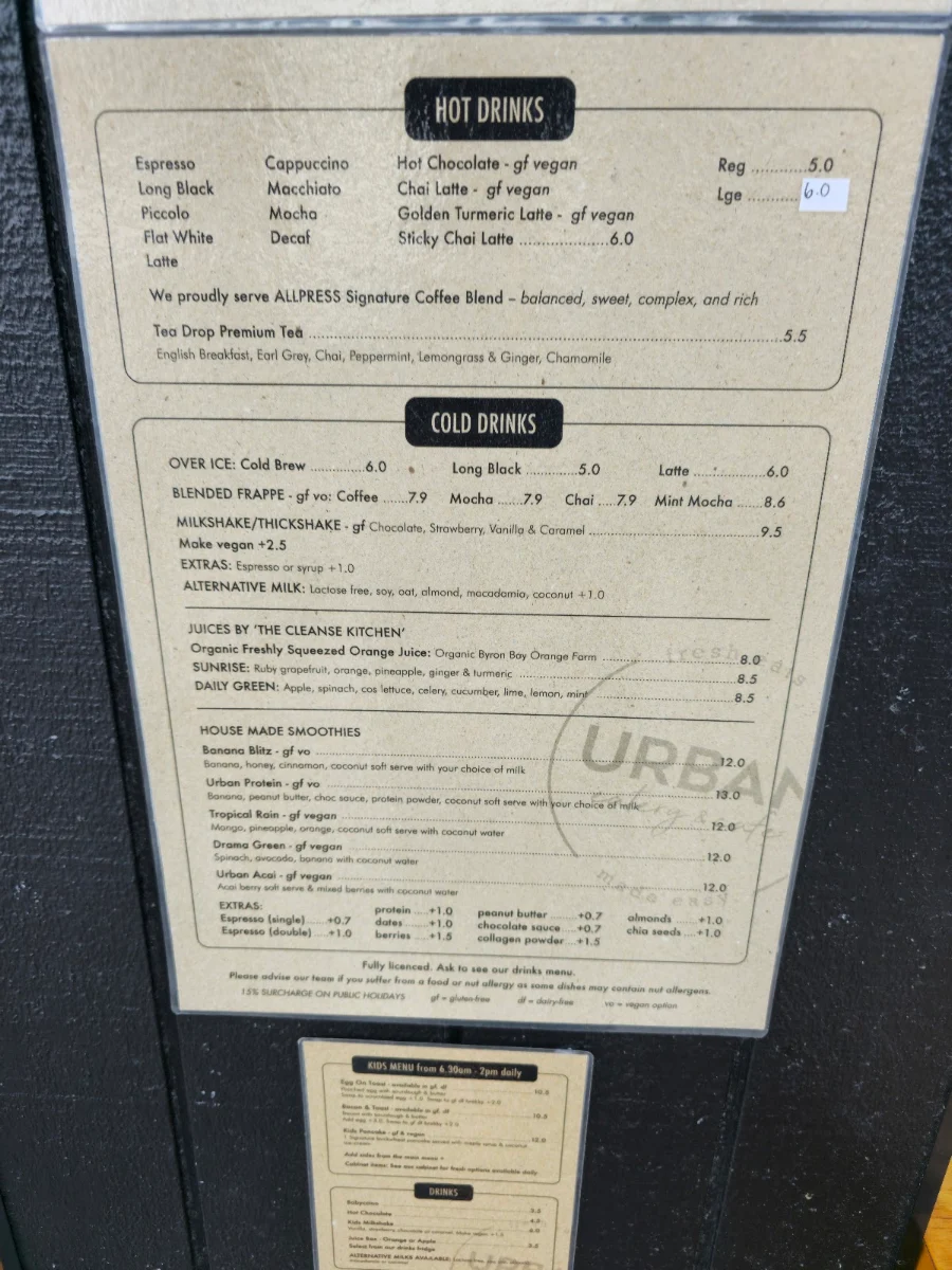 Menu, Urban Eatery & Cafe
