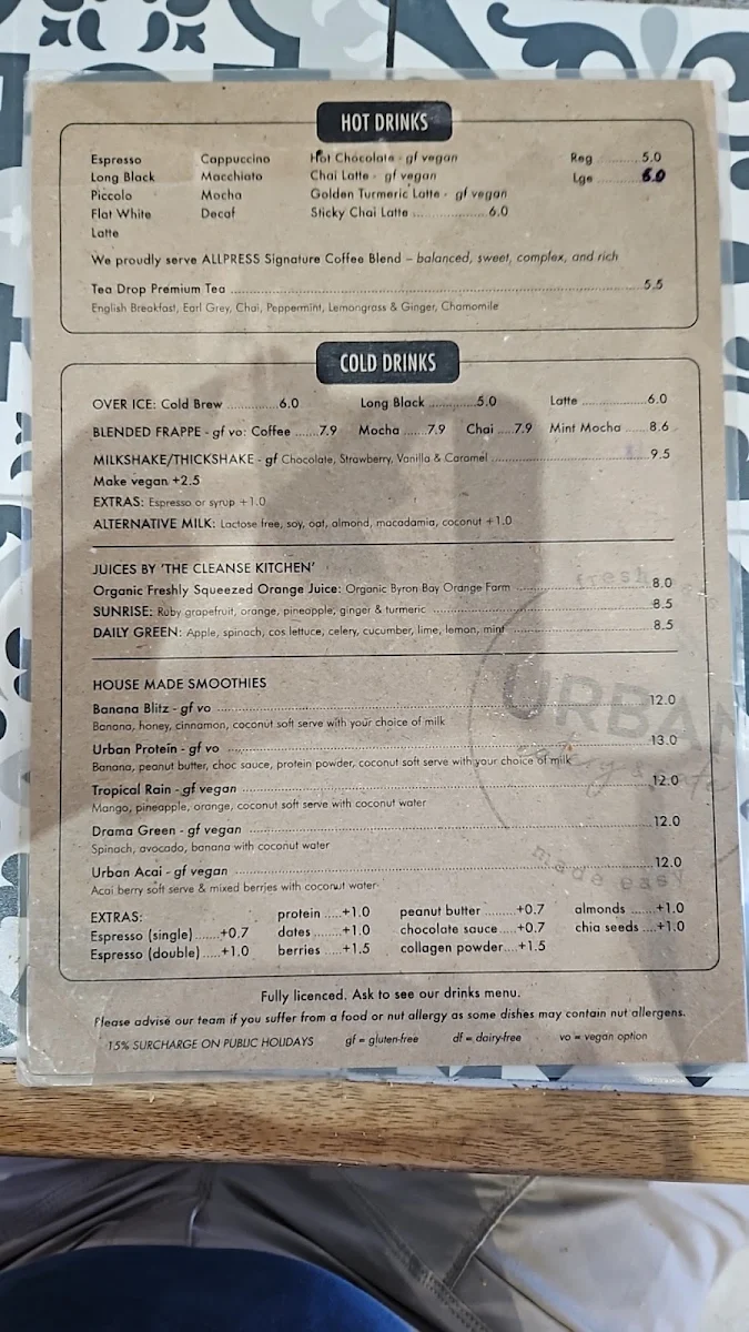 Menu, Urban Eatery & Cafe