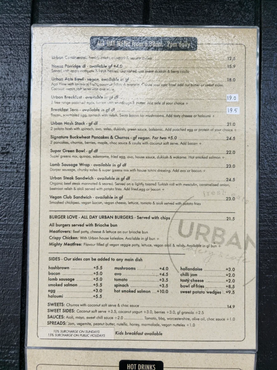Menu, Urban Eatery & Cafe