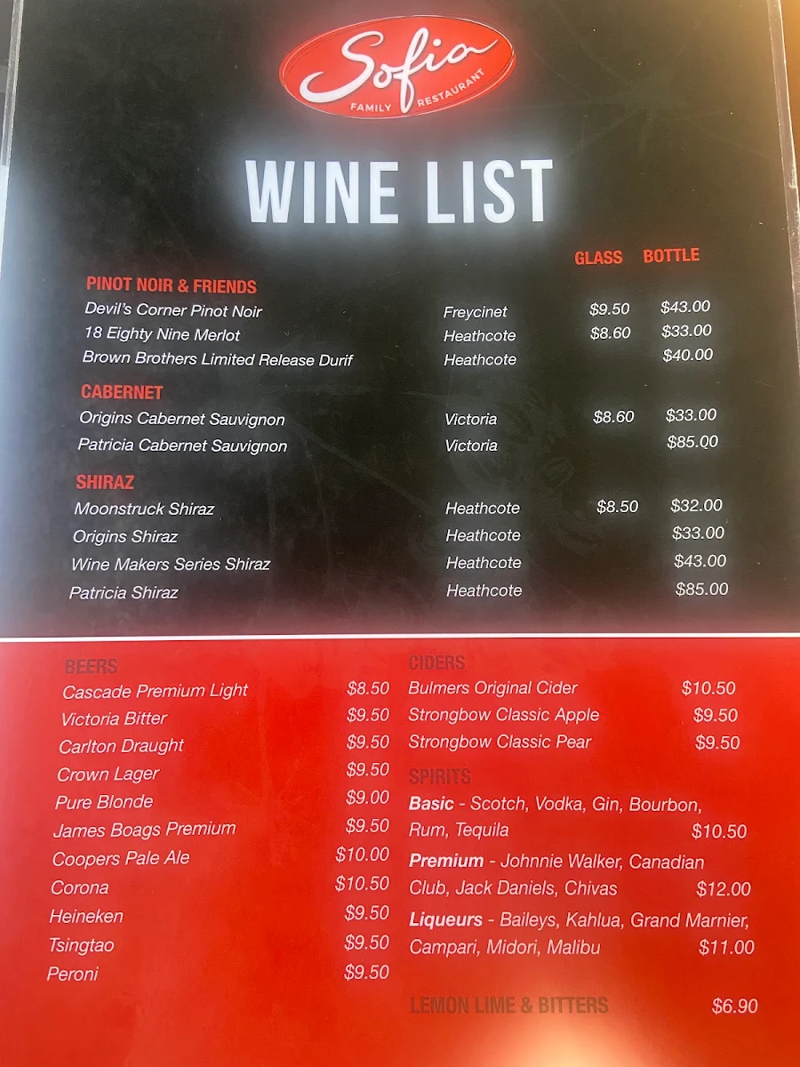 Menu, Sofia Burwood Italian Pizza Restaurant